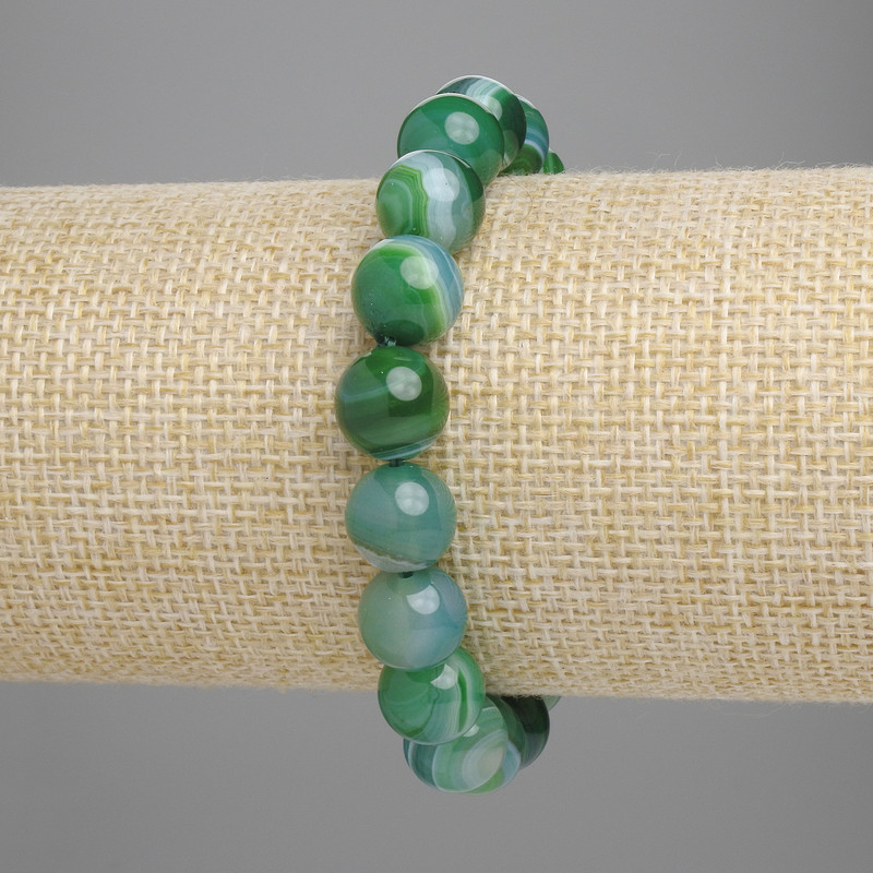 Brățară verde din agat cu bile netede, diametrul 10 mm, lungime 18 cm, elastice