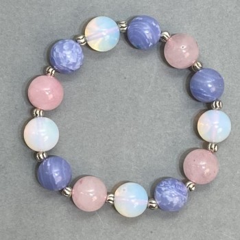 Brățară Asortiment (opalit, agat, cuarț roz) cu mărgele de 12 mm diametru ±, cu inserții metalice, lungime 18 cm ±, pe elastic