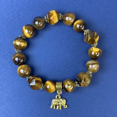 Brățară din ochi de tigru, bile netede de 10 mm și elemente facetate de 11 mm, lungime aproximativă 18 cm, pe elastic