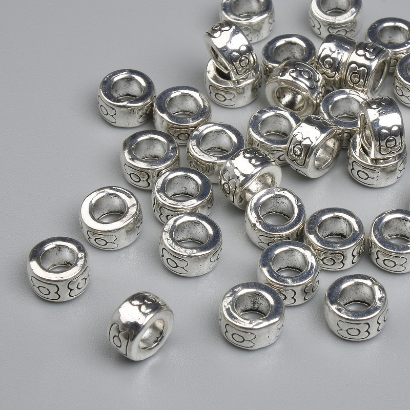 Furnituri mărgea-inserție culoare metal argintiu, diametru 7×4 mm ± gaură, diametru 3,6 mm ± ambalaj 20 g ~ 35 buc.