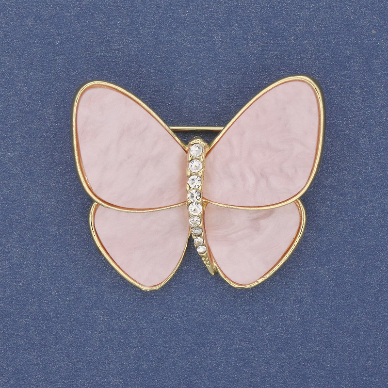 Broșă în formă de fluture, roz-perlată, metal auriu, 26×29 mm+