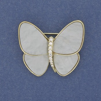 Broșă Fluture, culoare gri deschis, perlată, metal auriu, 26×29 mm+