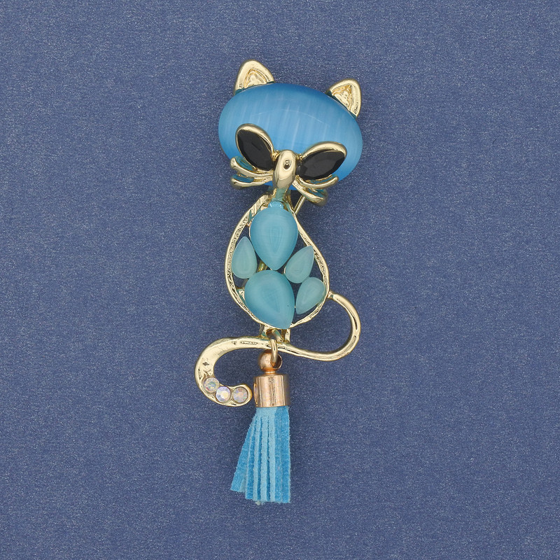 Broșă-pendulă Pisică cu ochiul pisicii, metal auriu, 43×17 mm