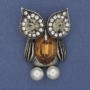 Broșă Bufniță, cristal galben, strasuri albe, metal argintiu, diametrul 42×29 mm+