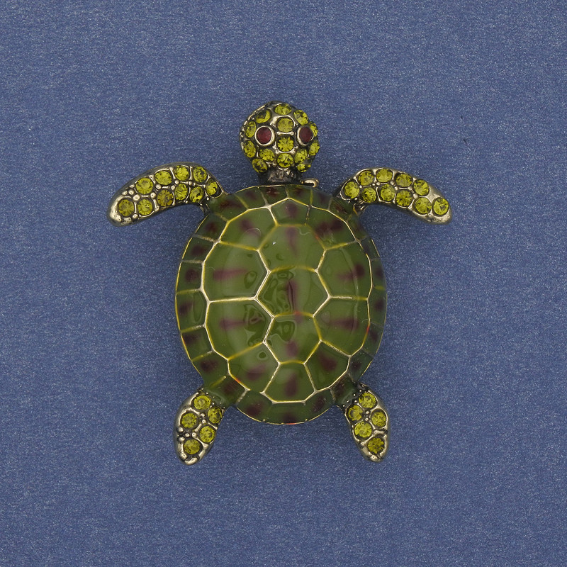 Broșă Țestoasă, email verde, strasuri, metal auriu, 35×32 mm+