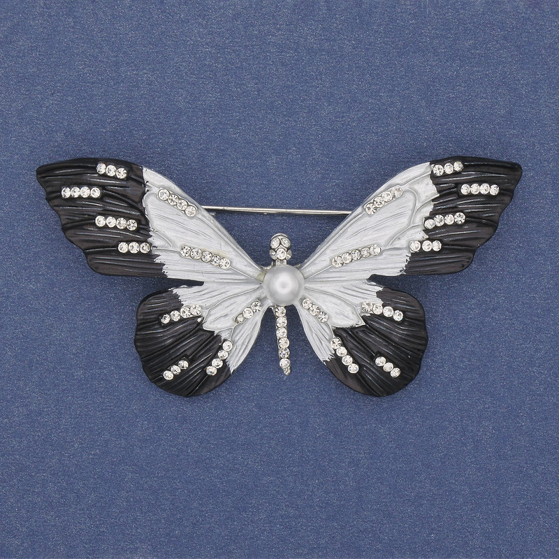Broșă Fluture alb cu strasuri și email, metal argintiu, 60×35 mm+