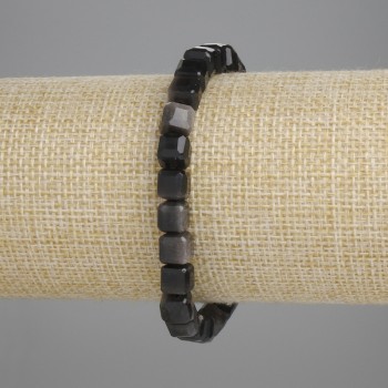 Brățară din obsidian argintiu, cuburi facetate, diametrul 6×6 mm ±, lungimea 18 cm ±, pe bandă elastică