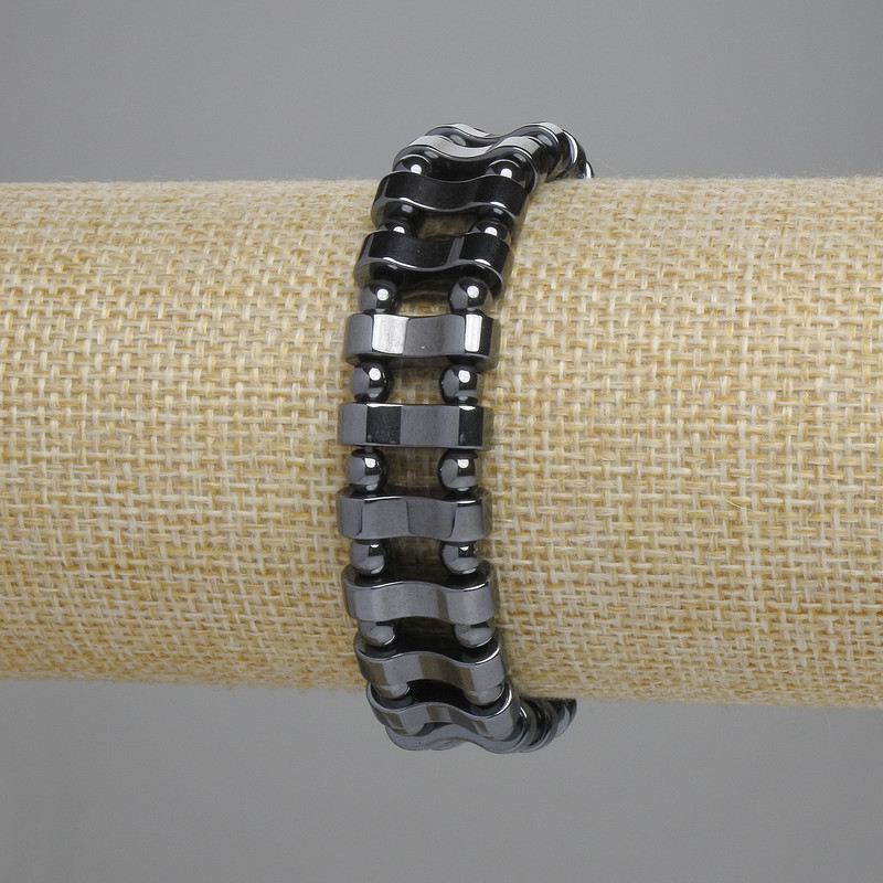 Brățară hematit – lanțe 4×14 mm, mărgele de 4 mm, lungime 18 cm, elastică