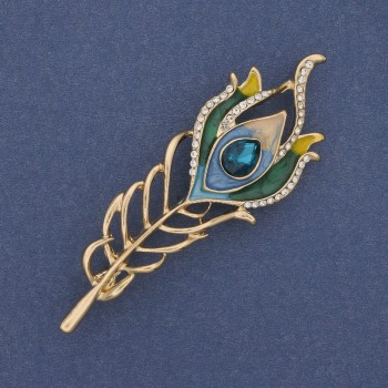 Broșă în formă de pană, email și strasuri, metal auriu, 72×24 mm +