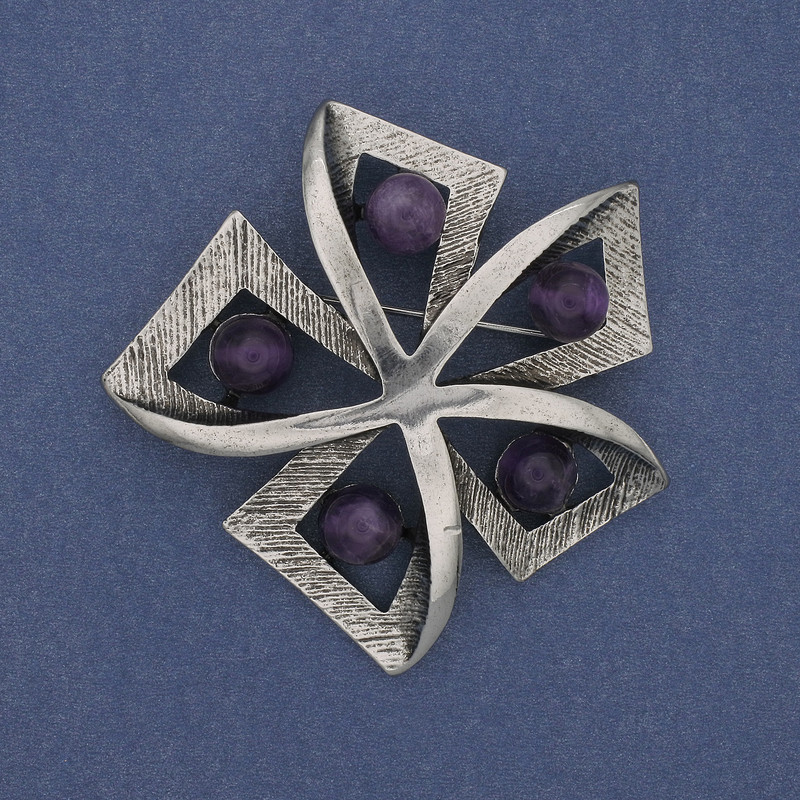 Broșă Accent Ametist, metal argintiu, 60 mm+