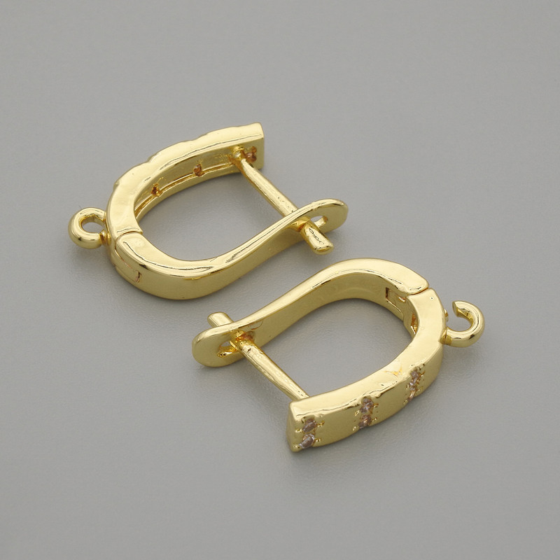 Cârlige pentru cercei, cu strasuri albe, metal auriu, 15×3 mm +- pereche