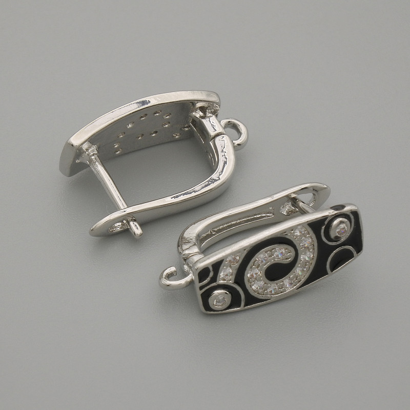 Știfturi pentru cercei albe, strasuri, email negru, metal argintiu, 16×7 mm ± pereche