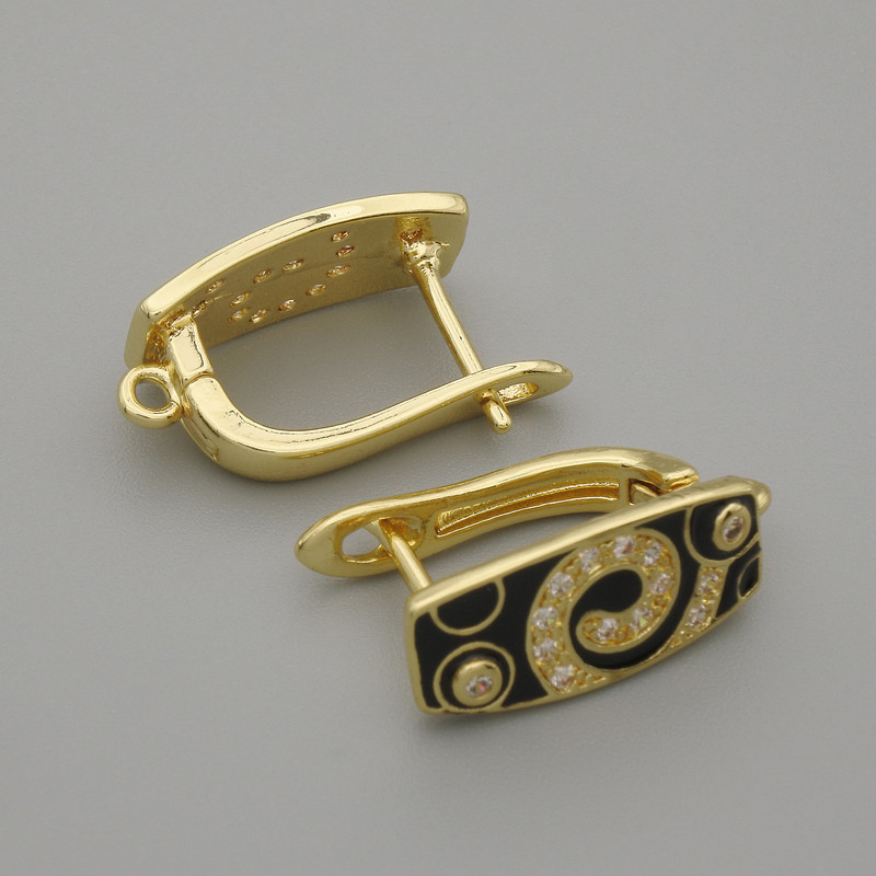 Știfturi pentru cercei, strasuri albe, email negru, metal auriu, 16×7 mm ±, pereche