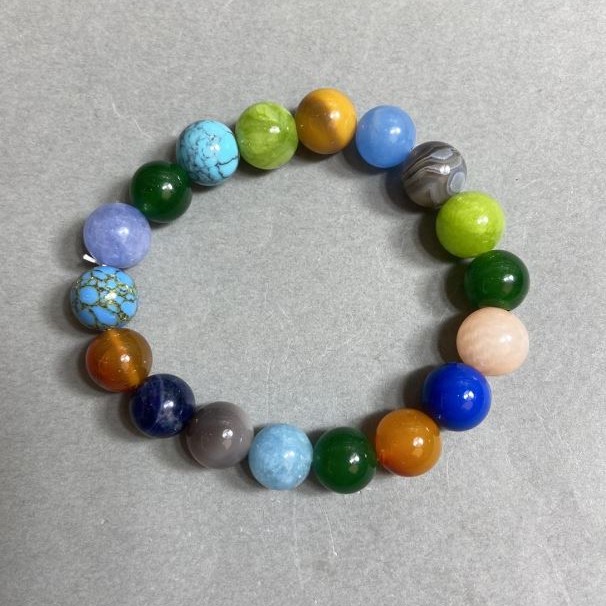 Brățară asortiment din jasper, crisopraz și acvamarin, mărgele netede de 10 mm, lungime 18 cm, elastic