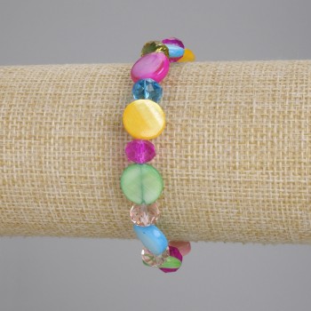 Brățară cu monede sidef, diametru 11,5 mm, rondeluri din sticlă cehă tăiate la 8×6 mm, lungime 18 cm, pe elastic
