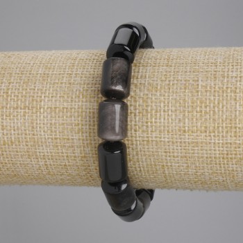 Brățară din obsidian argintiu, mărgele cilindrice de 14×10 mm, lungime 18 cm, pe elastic
