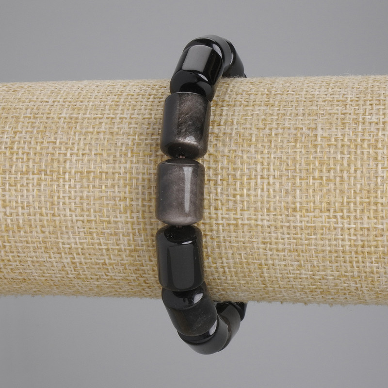 Brățară din obsidian argintiu, mărgele cilindrice de 14×10 mm, lungime 18 cm, pe elastic