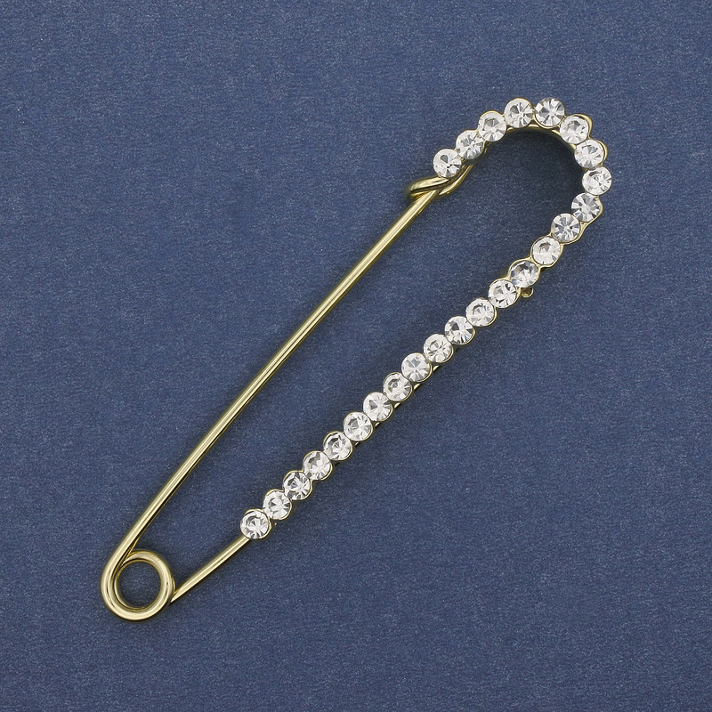 Broșă cu ac, strasuri albe, 72×17 mm ± metal auriu