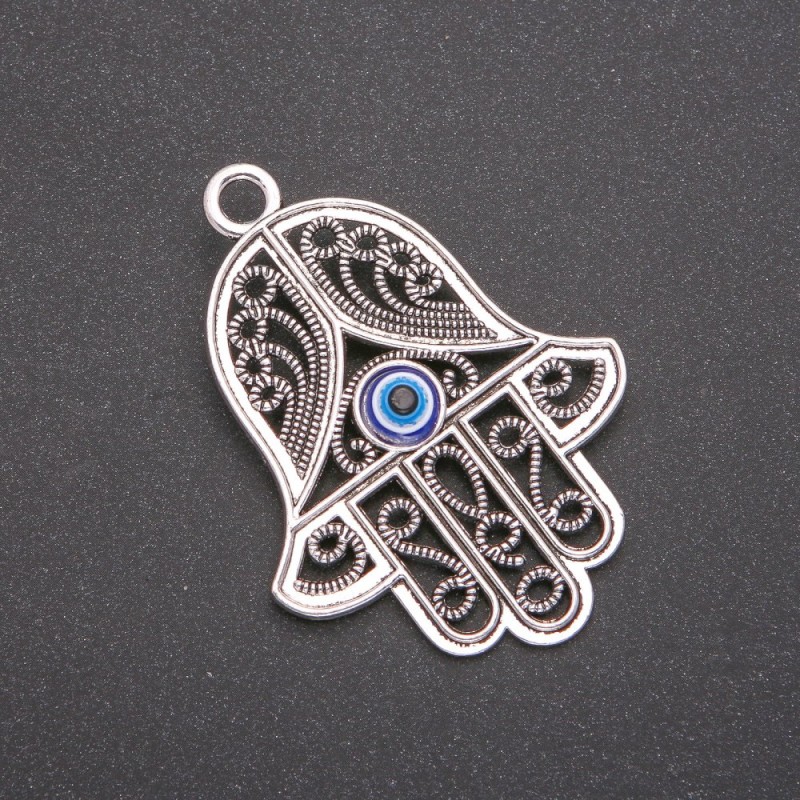 Pandantiv Hamsa cu ochi, culoare argintie, 65 mm (ambalaj 2 buc.)