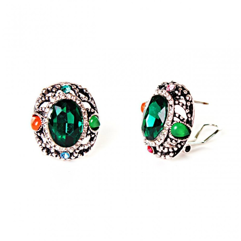 Cercei ovali 2x2,5 cm, curcubeu, cu strasuri, cristal verde