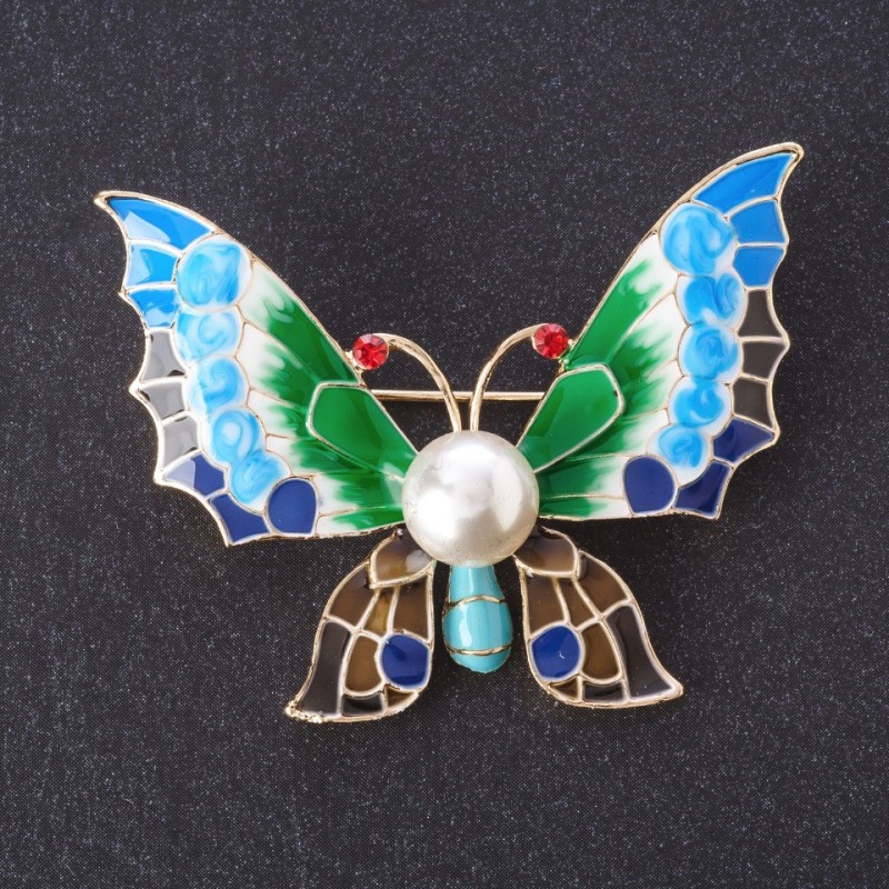 Broșă "Fluture" cu email colorat, 5×4,5 cm, culoare metal aurie, serie insecte