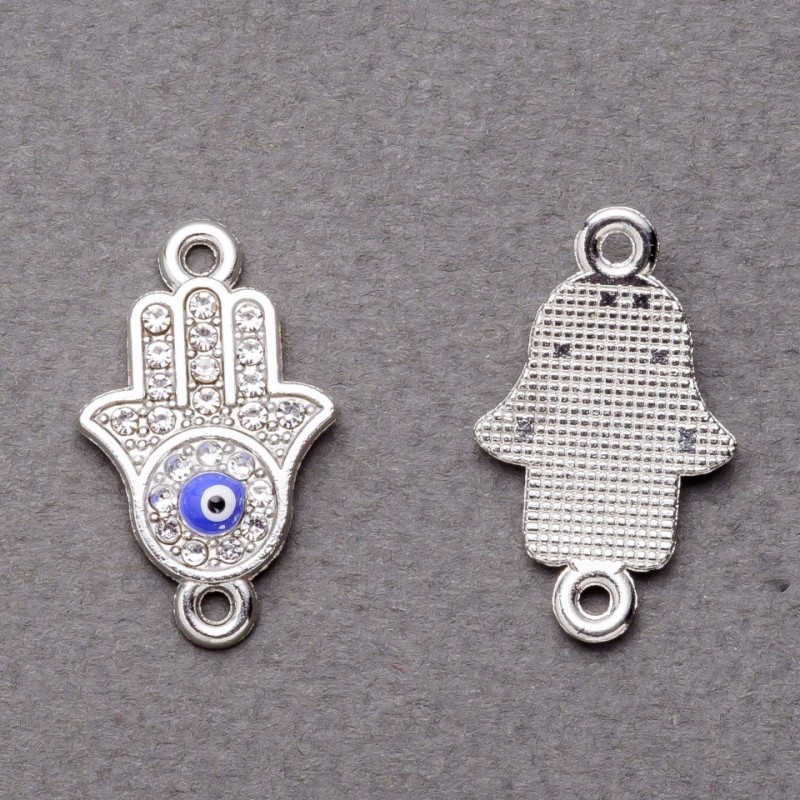 Furnitură pandantiv-conector în cristale, Mâna Hamsa cu ochi, argintiu, 2,5×1,3 cm, set de 3 buc.