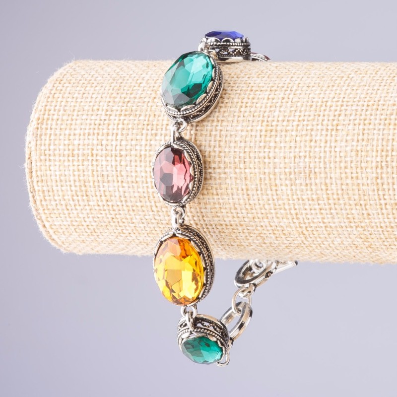 Brățară cu cristale colorate, montură «dinți», 7 pietre ovale, 20 × 16 mm și 13 × 16 mm, lungime 18–21 cm