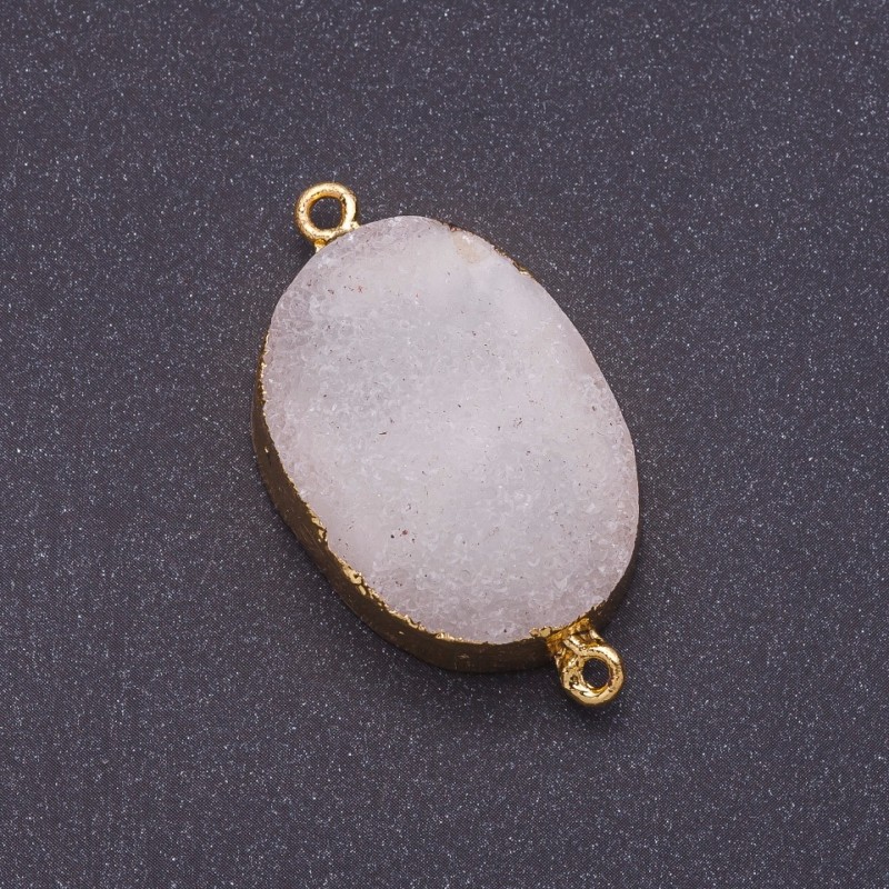 Druza de agat albă „Zăpadă”, conector oval, diametru 25x40 mm (+/-), metal auriu
