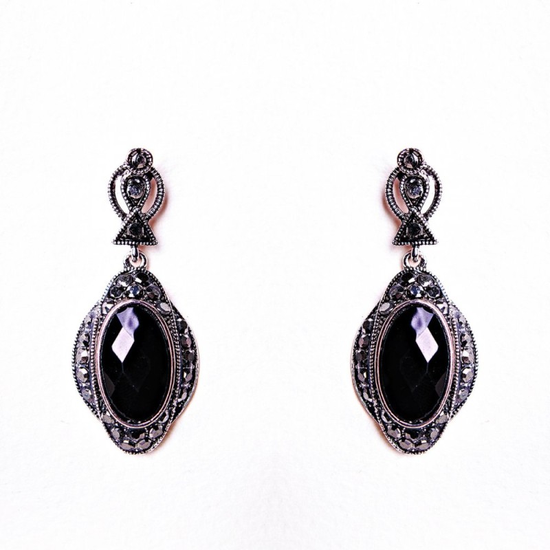 Cercei ovali, cu model filigranat, cristal negru (40 × 20 mm)