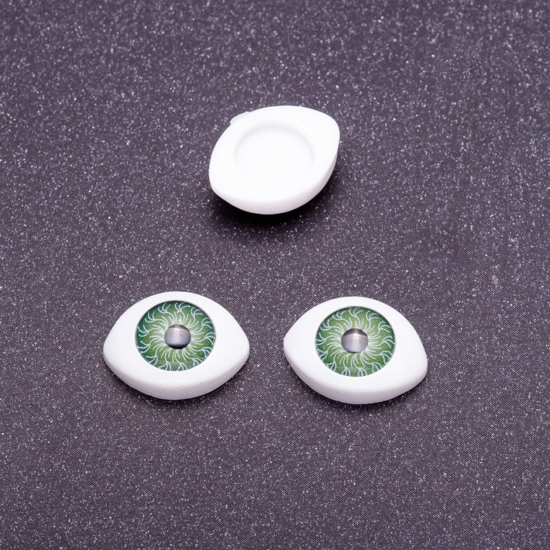 Furnituri «Ochi vii» — pereche, culoare verde a pupililor, diametru 7 mm, 10×13 mm, ambalaj de 50 perechi