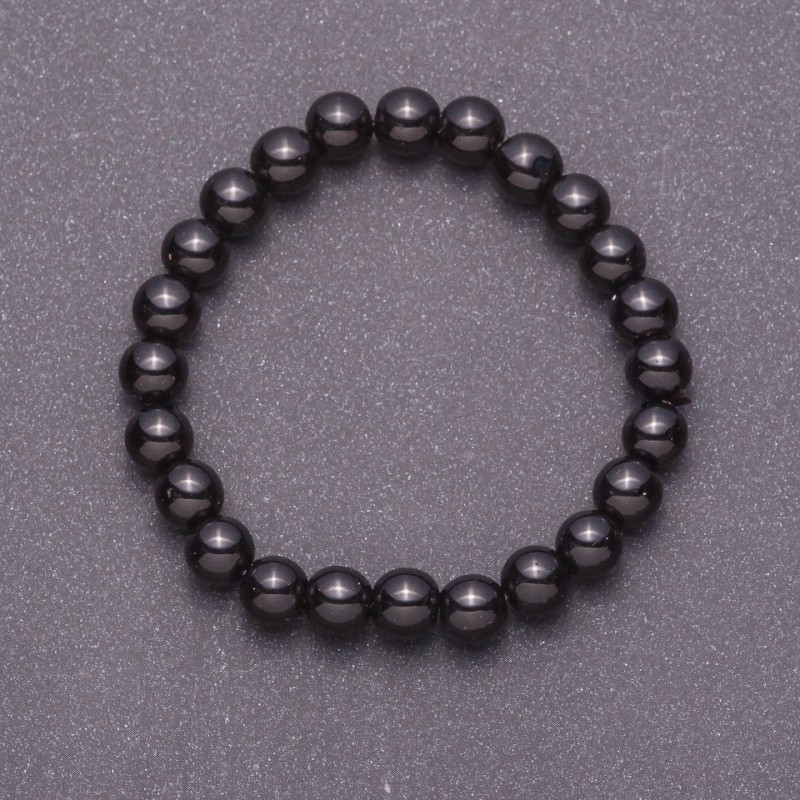 Brățară din agată neagră naturală (presată) cu bile netede, diametrul 8 mm, pe elastic, circumferința 18 cm