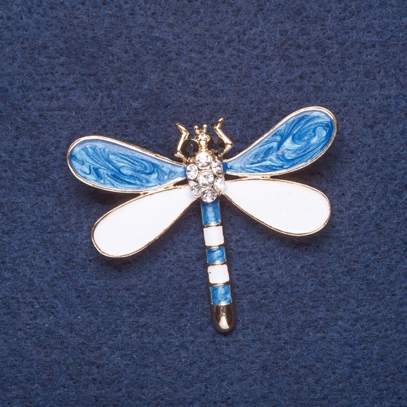Broșă «Libelulă» email alb-albastru, metal aurit, dimensiuni 4,5×3,5 cm