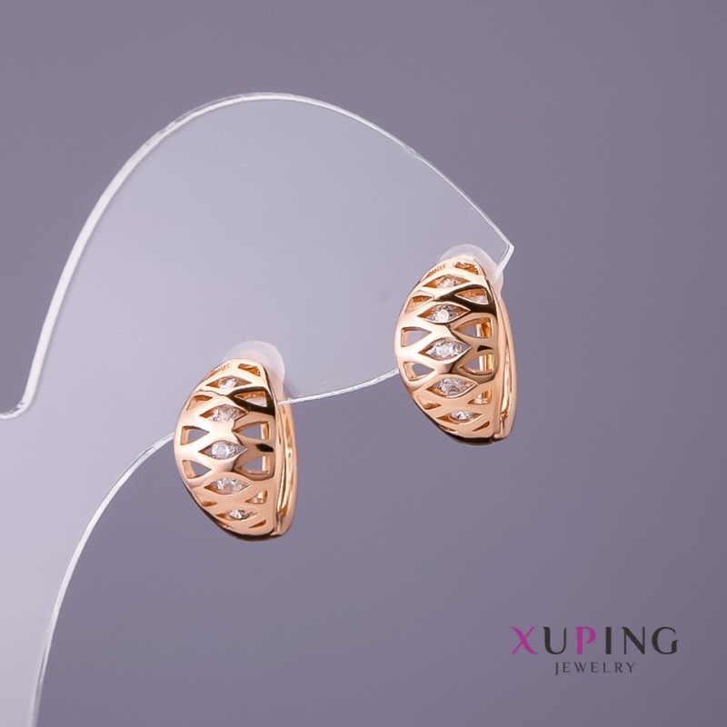 Cercei Xuping cu strasuri albe, diametrul 8 mm, lungimea 13 mm, placare cu aur de 18K