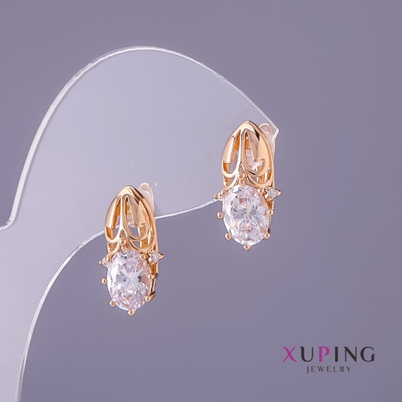 Cercei Xuping cu pietre albe, diametru 8 mm, lungime 17 mm, culoare auriu