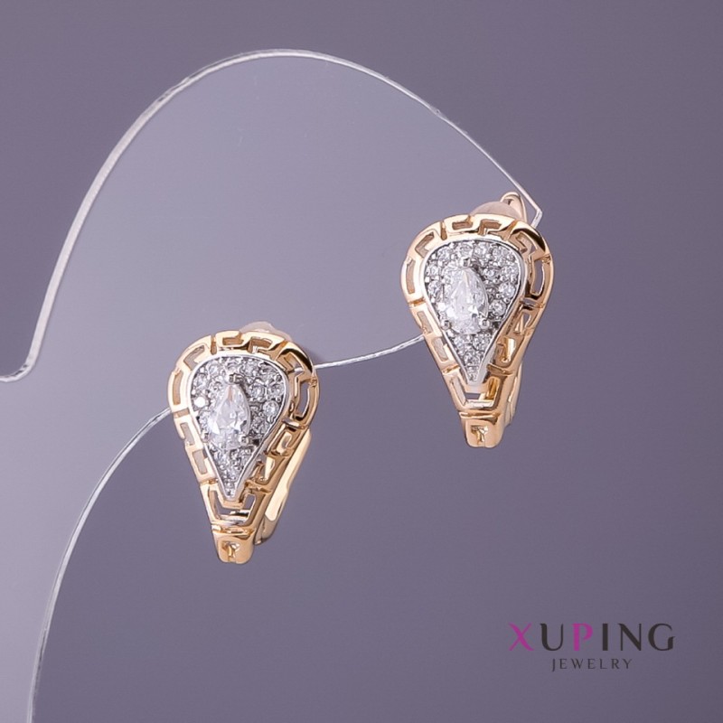 Cercei Xuping cu motiv grec, cristale albe, diametrul de 11 mm, lungimea de 18 mm, culoare aurie