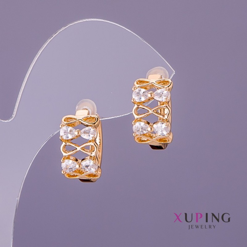 Cercei Xuping cu pietre albe, diametru 9 mm, lungime 16 mm, culoare aurie