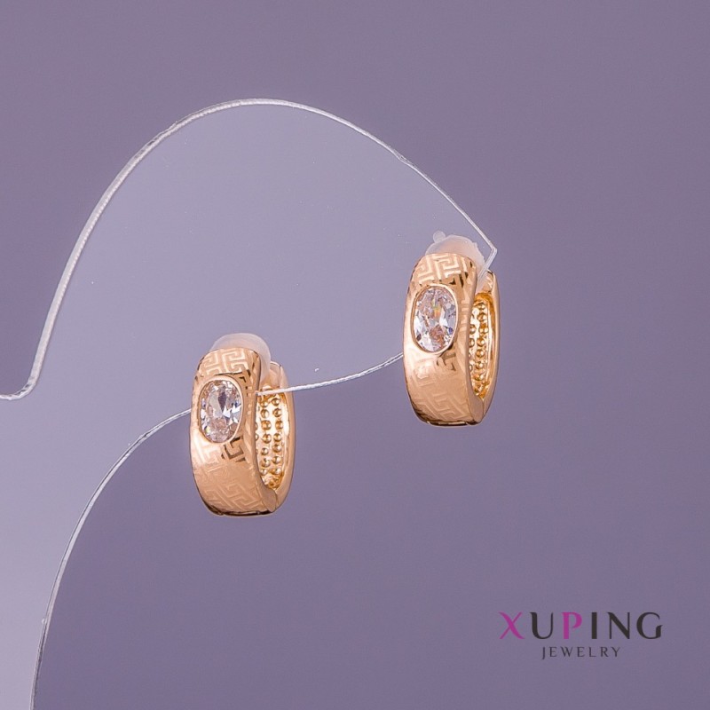 Cercei Xuping cu pietre albe, diametrul 5 mm, lungimea 13 mm, culoare aurie