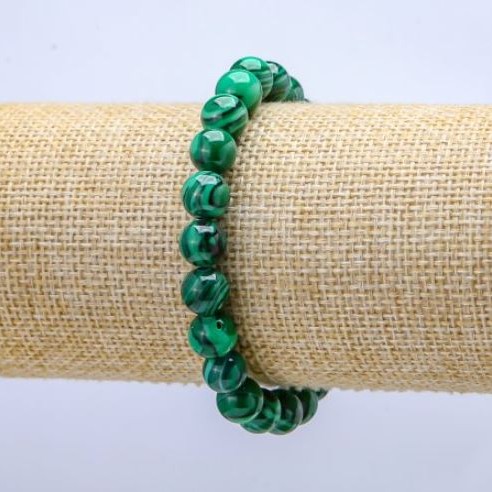 Brățară din piatră naturală malahit (presat), diametrul 8 mm, lungimea 18 cm pe elastic