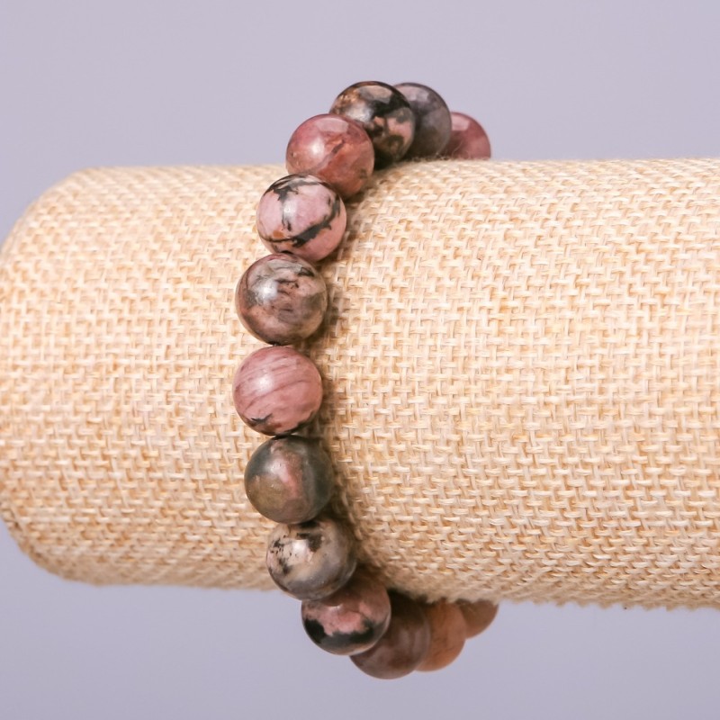Brățară din rodonit natural cu bile netede, diametrul 10 mm, lungime 18 cm, pe elastic
