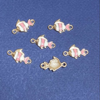 Conector în formă de pește, email roz, 22×13 mm, ambalaj 6 buc., metal auriu