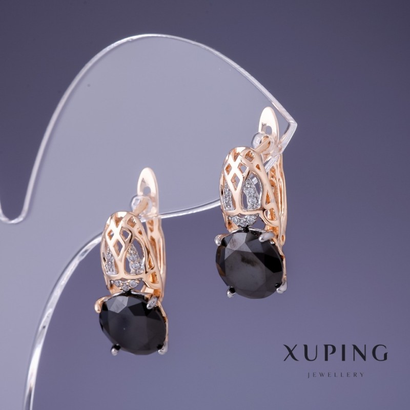 Cercei Xuping cu zircon negru 18x9 mm, placare cu aur 18K