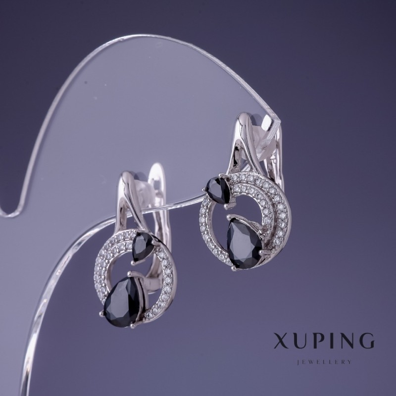 Cercei Xuping rodiu 20×12 mm cu piatră neagră