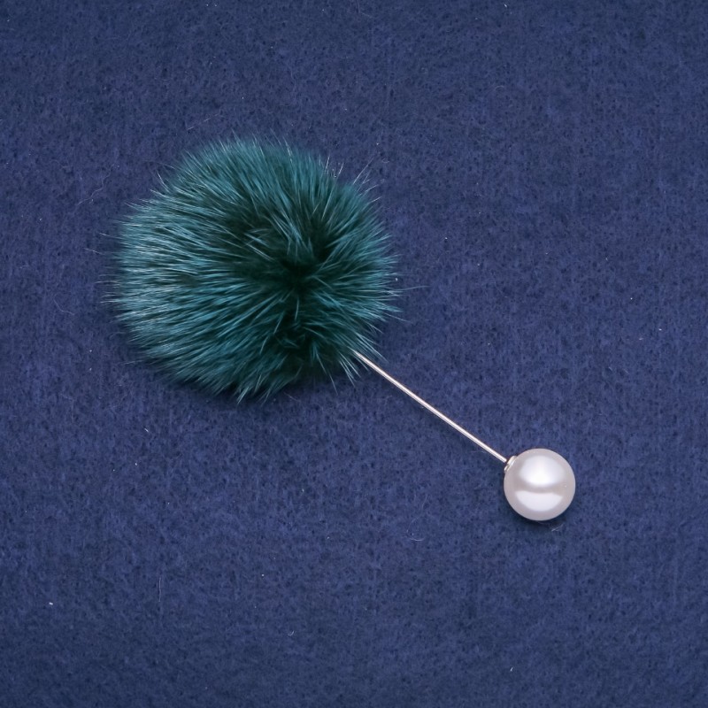Broșă din blană de nurcă verde cu ac, diametrul 50 mm, lungimea 90 mm