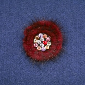 Broșă din blană de nurcă bordo cu strasuri, diametrul 60 mm