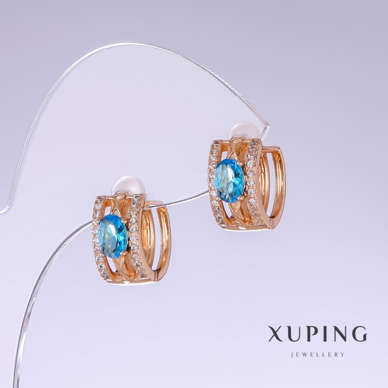 Cercei Xuping cu zircon albastru «Topaz», lungime 13 mm, grosime 7 mm, placare aur 18K