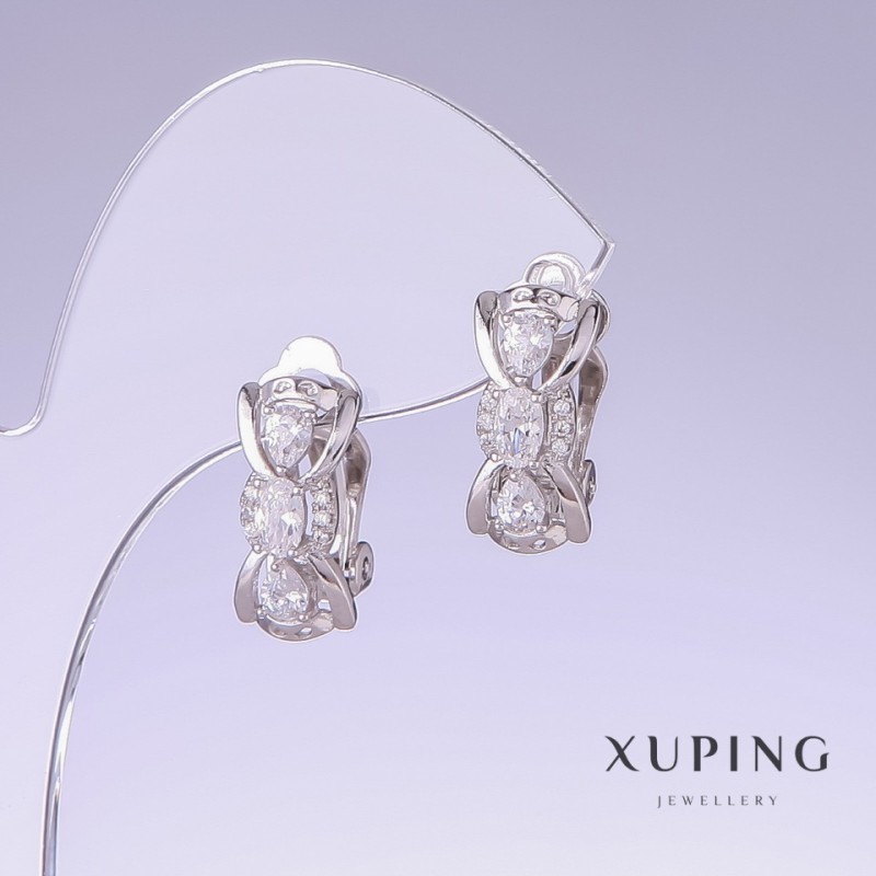 Cercei Xuping cu zirconii albe, lungime 17 mm, grosime 8 mm, placare cu rhodiu