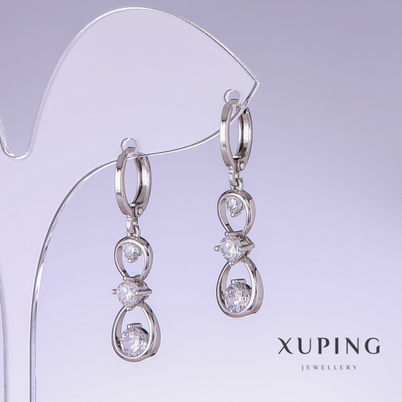 Cercei Xuping cu zirconii albe, lungime 32 mm, grosime 9 mm rodiu