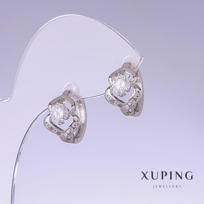 Cercei Xuping cu zirconii albe, lungime 15 mm, grosime 10 mm, rodiu