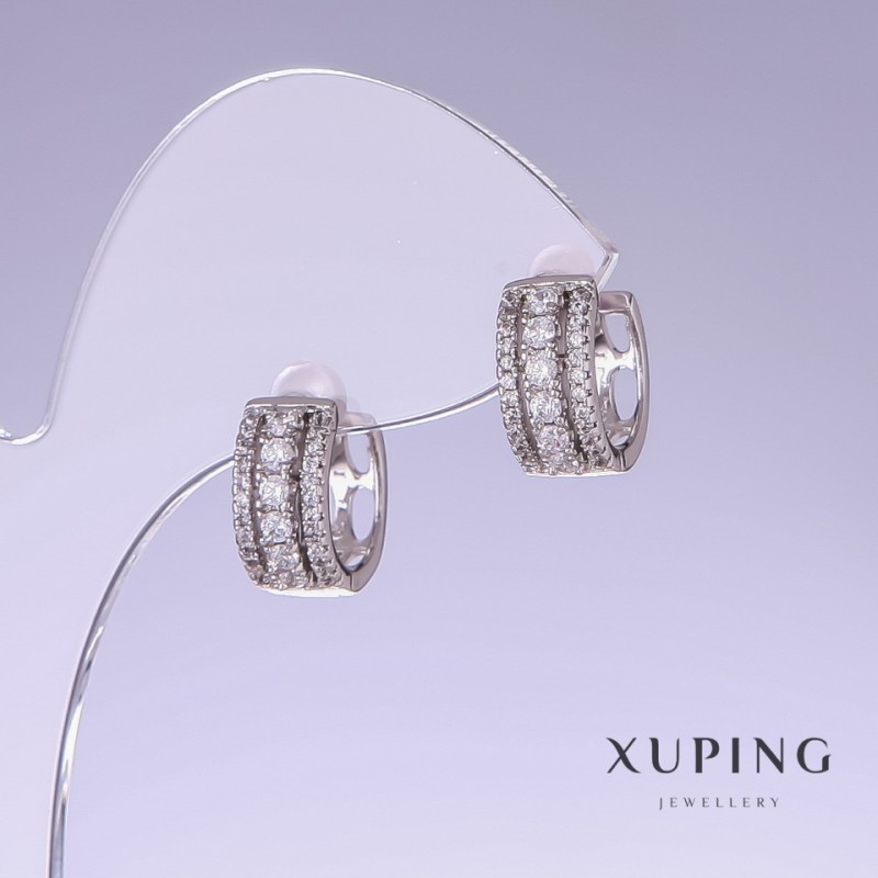 Cercei Xuping cu strasuri albe, lungime 14 mm, grosime 6 mm, rodiu