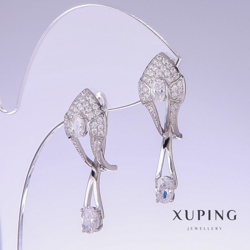 Cercei Xuping cu zirconii albe, lungime 32 mm, grosime 10 mm rodiu